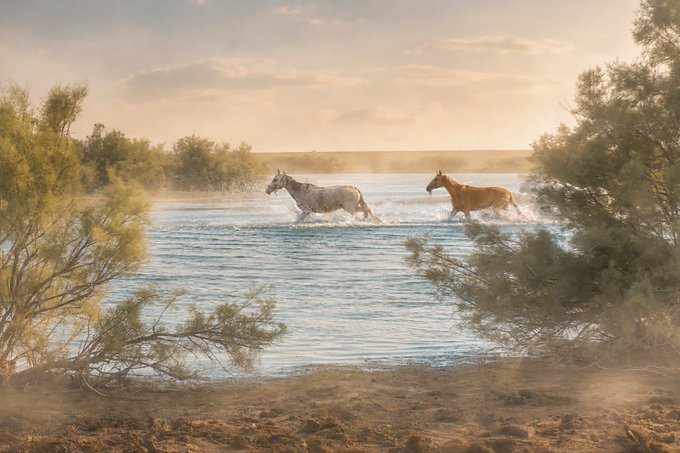 Two horses, one grey and one brown, gallop through shallow water at sunset, framed by green bushes in the foreground.