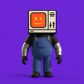 A 3D-rendered character with a CRT television/monitor for a head and the letter 'B' on it, wearing blue overalls against a purple background.