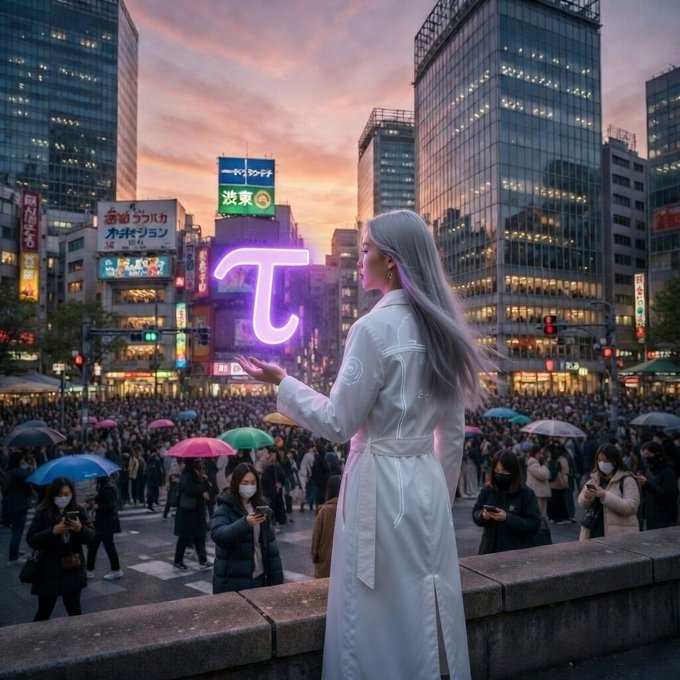 A woman with long silver hair in a white coat conjures a glowing purple "T" symbol above her palm, overlooking a massive crowd gathered beneath neon Japanese signage at dusk. The holographic "T" visually echoes the $TAO ecosystem referenced in the post, suggesting the network's expanding influence rising above the masses of users below.