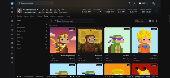 An OpenSea marketplace page displaying the 'Mood Monkes' NFT collection by REDMIND DAO, showing various pixel-art monk characters like 'Monke King Wukong', 'Monkalisa', and 'Donatello' for sale.