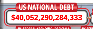 A US National Debt counter showing the figure $40,052,290,284,333 in red text on a digital display.