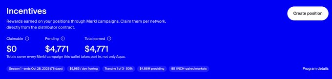 An 'Incentives' dashboard showing Merkl campaign earnings with $0 claimable, $4,771 pending, $4,771 total earned, and 85.86M paired markets for Trench 1 of 3 at 50%.