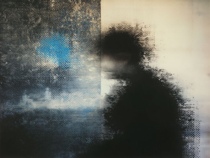 A hazy, pixelated silhouette emerges from a half-faded canvas, with grainy blue tones dissolving into dark shadow on the left side, echoing the artwork's theme of memories slowly eroding over time. The abstract figure appears to be reaching toward a cloudy blue patch that mimics a distant, fading recollection.
