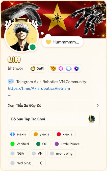 The image shows a Telegram profile/community page for "lihthooi" associated with the "Axis Robotics VN Community" (Telegram link: t.me/AxisroboticsVietnam), featuring an anime-style profile picture and listing various role badges including "y-axis," "x-axis," "OG," and "Little Prince." 

This profile belongs to a community member documenting the 3 ways to earn the $AXIS airdrop—daily tasks, AXIS Points, and creating trajectory data—while promoting the Kaito and YAP platforms as part of the Axis Robotics ecosystem.