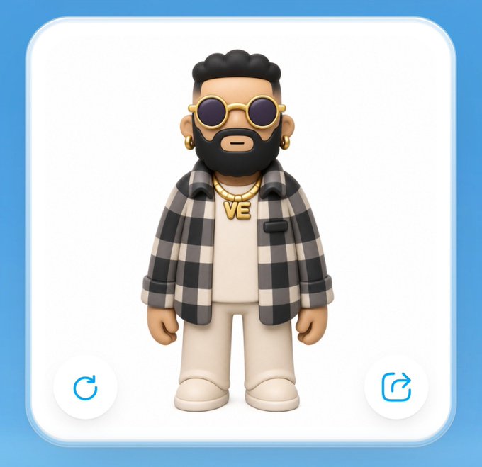A 3D-rendered character figurine of a bearded man wearing sunglasses, a gold 'VE' chain, and a black and white plaid shirt, displayed in an app-like interface with refresh and share icons.