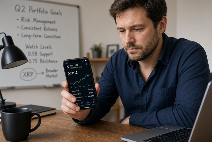 A man in a blue shirt looks intently at his smartphone showing a 'XRP/USD' chart at '0.6812', while a whiteboard behind him lists 'Q2 Portfolio Goals' including 'Risk Management' and notes about 'XRP' breaking the market.