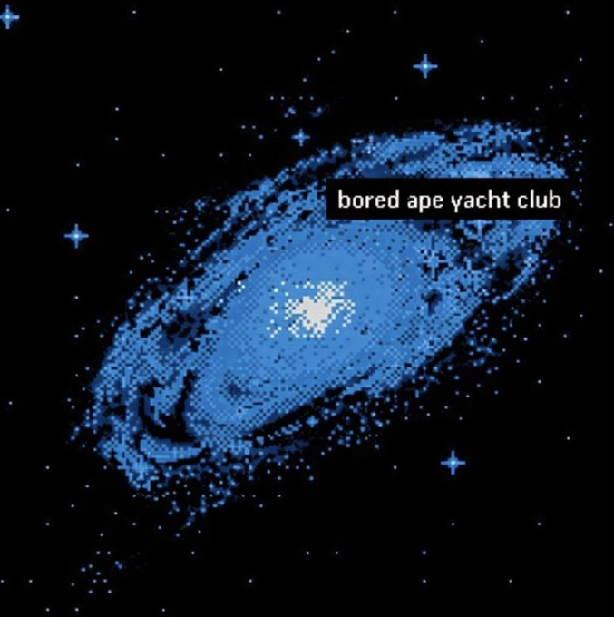 A pixelated blue galaxy spirals through a starry black cosmos, accompanied by the text "bored ape yacht club." The cosmic imagery visually reinforces the "A world of our own" caption, suggesting the BAYC community as its own vast, self-contained universe of stars.