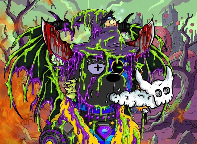 A colorful, chaotic illustration depicts a distorted Mickey Mouse-like character covered in dripping purple and green slime, with mismatched eyes, sharp teeth, and horns against a surreal background.
