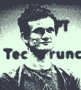 A pixelated, halftone-style portrait of a young man is overlaid with the partial text "Toe ██une," stylized to partially obscure his face—evoking the mysterious redaction of Antoni Kiszka's project name ("Derpetual") in the post, which compares his unknown outcome to Vitalik Buterin's Ethereum success.