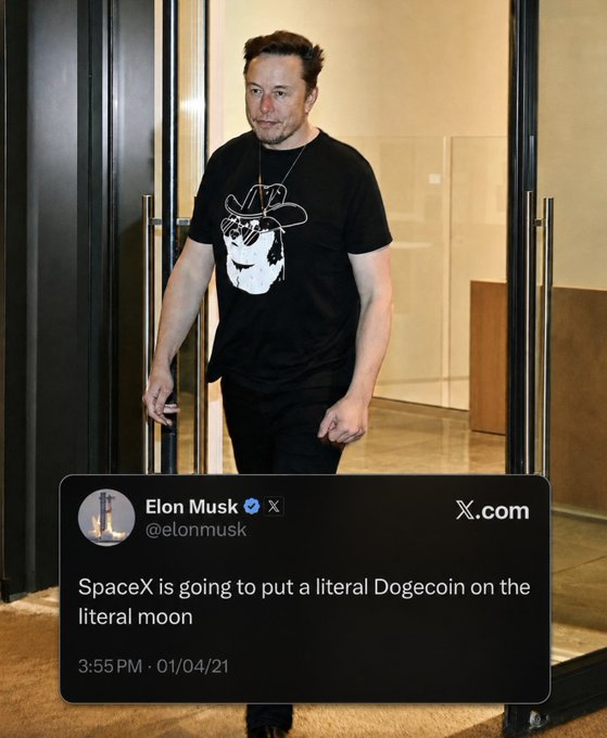A photo of Elon Musk walking through a doorway is paired with a screenshot of his tweet (@elonmusk) posted on X.com at 3:55 PM on 01/04/21, declaring "SpaceX is going to put a literal Dogecoin on the literal moon." The pairing of the man and his post directly visualizes the source of the viral Dogecoin-to-the-moon announcement.