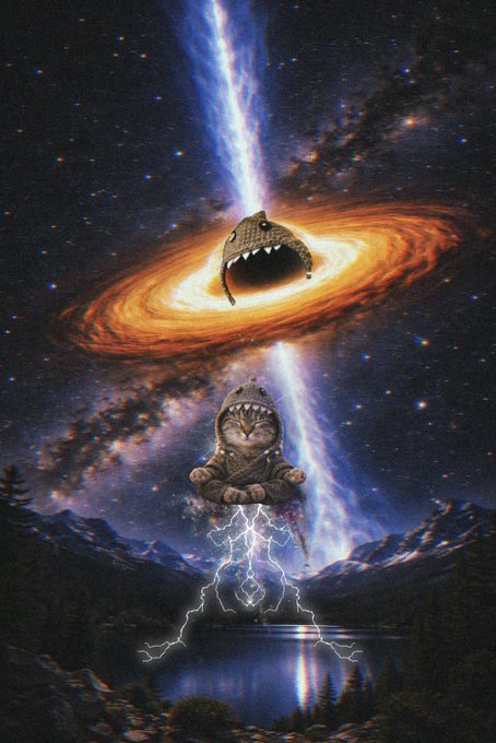 A cosmic cat-headed UFO hovers above a meditating cat in cosmic garb, with lightning striking the water below as a shark-shaped hat floats in the swirling galactic portal—blending the post's "cats a mf shark" theme with a surreal, mystical "manifest destiny" energy.