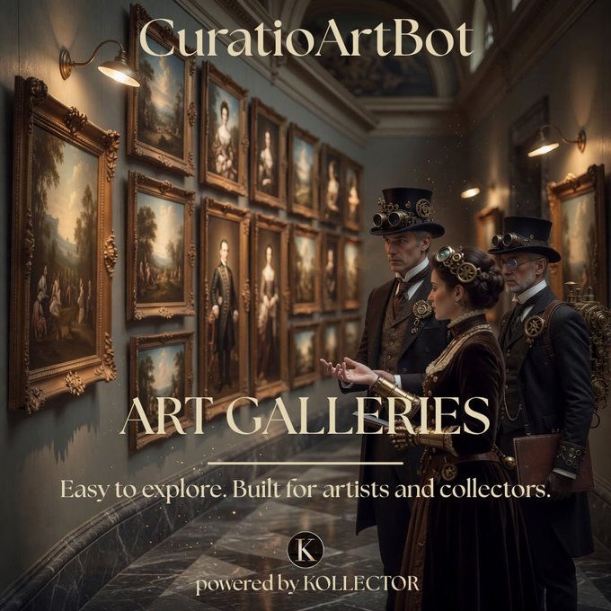 The image shows a group of people standing in front of a wall filled with paintings, possibly at an art gallery or museum. The text above them reads "CuratioArtbot" and "GALLERIES & MARKETPLACES A curated space where you can discover and visit the best art galleries with just one click". This suggests that they are exploring the artworks displayed in this particular gallery, possibly discussing their favorite pieces or learning more about the artists.