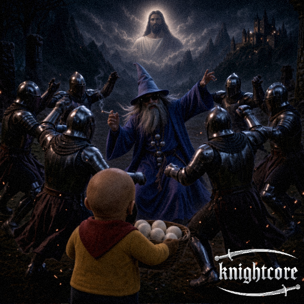 A dark fantasy illustration depicts a wizard in blue robes and pointy hat conjuring magic in a circle of armored knights, while a small bald figure in the foreground holds a basket of eggs; a glowing figure resembling Jesus appears in the cloudy sky above, with 'knightcore' watermarked in the corner.