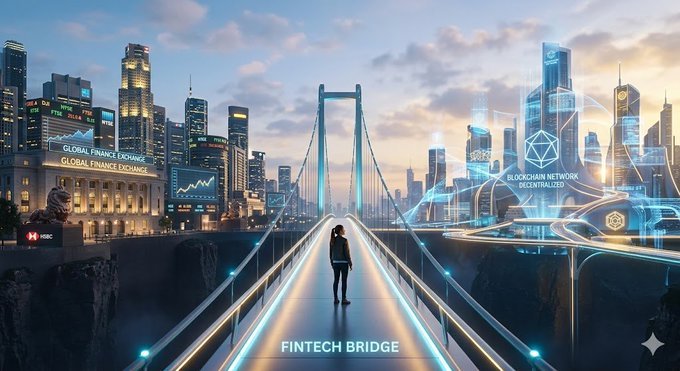 The image features a bridge with people walking across its length, giving an impression of a futuristic cityscape. The photo captures a scene that seems to be related to the financial world or cryptocurrency, possibly an advertisement for something like "Finance Bridge" in a blockchain context. However, since it is not explicitly clear what this "bridge" actually represents, we can only speculate its connection to finance and cryptocurrency.