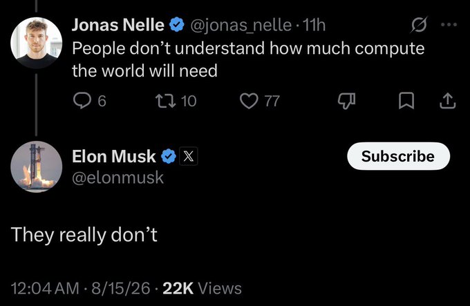 A screenshot of an X (Twitter) post by Jonas Nelle (@jonas_nelle) reading "People don't understand how much compute the world will need," with a reply from Elon Musk (@elonmusk) stating "They really don't," posted at 12:04 AM on 8/15/26 with 22K views.