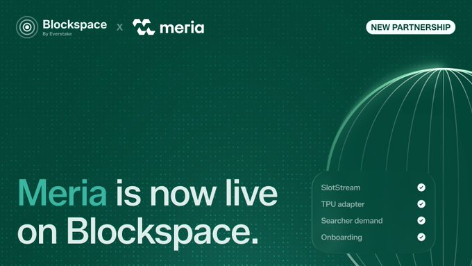 A promotional graphic announcing a new partnership between Blockspace (by Everstake) and Meria, featuring the headline "Meria is now live on Blockspace" alongside a checklist of services including SlotStream, TPU adapter, Searcher demand, and Onboarding. The image visually represents the integration mentioned in the post, where Meria's Solana validator routes orderflow through Blockspace's Validator Revenue Program to capture additional MEV revenue.
