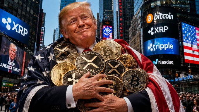 The image features a man wearing an American flag pin while holding up a large stack of Bitcoin coins. The caption above him reads "Donald Trump says America will not allow other nations to dominate crypto, declaring the U.S. will become the 'Crypto Capital of the World." This suggests that Donald Trump is promoting the idea of cryptocurrency as a global currency and emphasizing the importance of American influence in the world of digital assets.

The man's actions and the accompanying caption create an interesting juxtaposition between traditional patriotism and modern technological advancements, such as Bitcoin. The image captures this contrast by combining elements from both worlds: the flag symbolizing national pride and the Bitcoin coins representing a new form of currency that is rapidly gaining global attention.