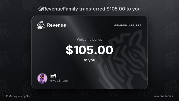 A digital screenshot showing '@RevenueFamily transferred $105.00 to you' as a 'Welcome bonus' from user 'jeff @web3_tech_' on a platform called 'Revenue'.