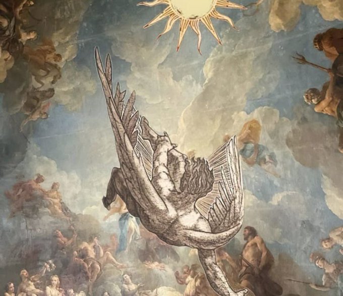 A classical painting depicting Icarus falling with outstretched wings, set against a sky filled with mythological figures and a radiant sun.