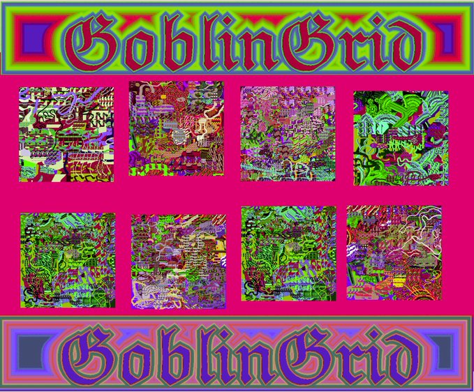 A psychedelic graphic with the text 'GoblinGrid' at the top and bottom, surrounding eight abstract, neon-colored glitchy tiles on a pink background.