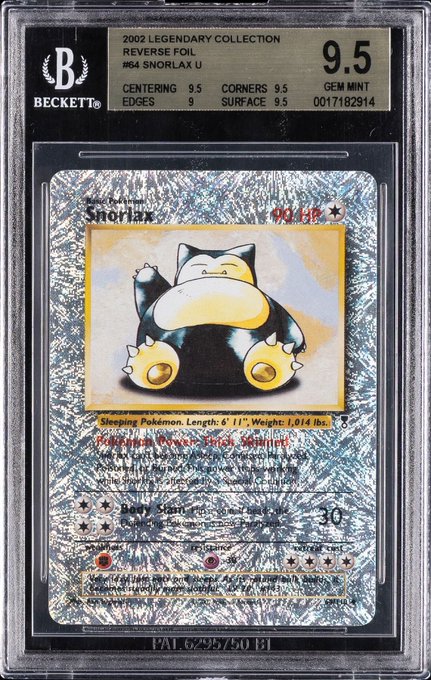 A graded Beckett (BGS 9.5 GEM MINT) 2002 Legendary Collection Reverse Foil Snorlax Pokémon card is encased in a protective slab.