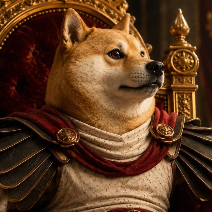 The image features a Shiba Inu dog dressed up as a Roman emperor, complete with a red cape and gold armor. The dog appears to be posing for a photo or video, giving off an air of regality and majesty. The caption accompanying the image reads "Dogeus Maximus e链的 500k 这个叙事IP 无敌啊 bsc 还在底部潜龙 0xe255e776d2bff25c8a977287183de1609744444 FeMrhDeddUvuzo 25RZriZD6Te8xy3 tdyKLLXBhEEpump 0x759f8b83db57033aed95545694f6ada480b6e987". The image seems to be a creative and amusing way of combining the regal nature of a Roman emperor with the adorable charm of a Shiba Inu dog.