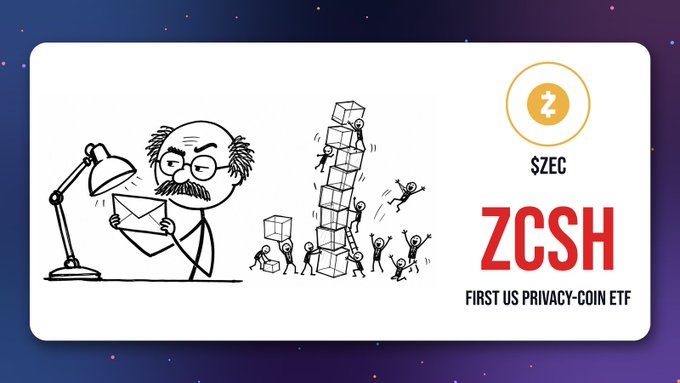 A promotional graphic for 'ZCSH' labeled as the 'FIRST US PRIVACY-COIN ETF' with ticker $ZEC, featuring a black-and-white illustration of a man reading mail while tiny figures stack boxes.