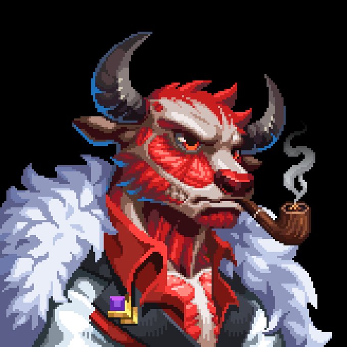 Pixel art portrait of a red and grey horned, anthropomorphic character with a scarred face, smoking a wooden pipe and wearing a fur-collared outfit.