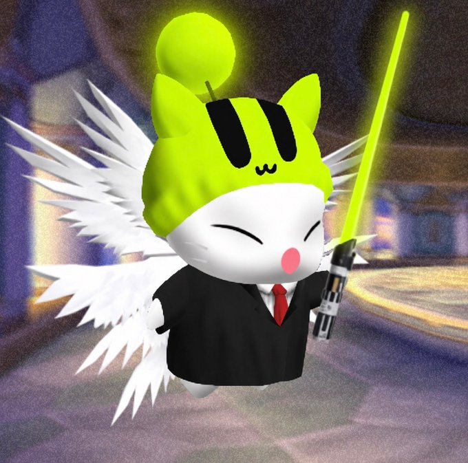 A 3D-rendered white cat character with white angel wings wearing a black suit, red tie, and a green bee-themed hat with black stripes, holding a glowing green lightsaber.