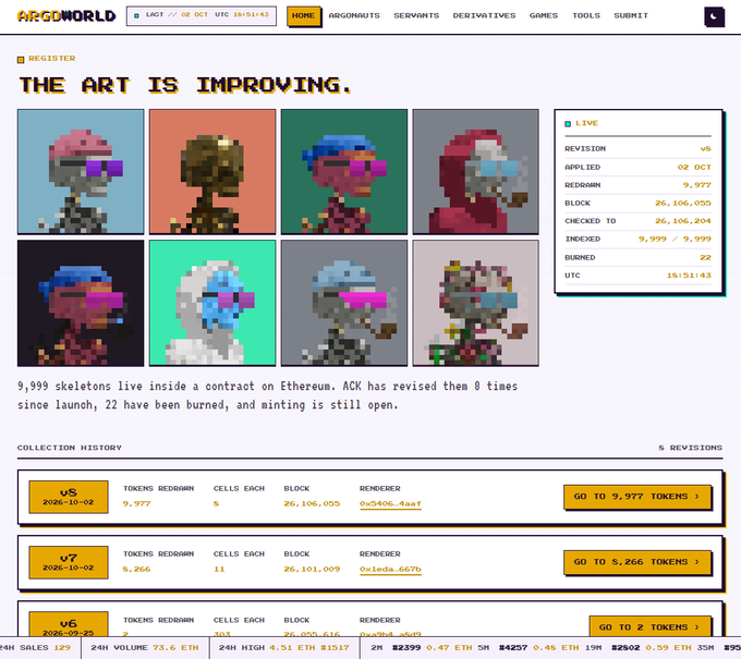 Screenshot of the ARGGWORLD homepage displaying the headline 'THE ART IS IMPROVING.' alongside a grid of eight pixel-art skeleton NFTs, with text explaining that '9,999 skeletons live inside a contract on Ethereum' and a 'COLLECTION HISTORY' of revisions.