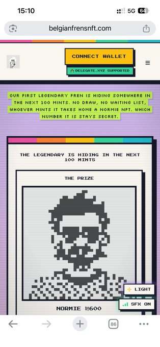 A mobile screenshot of belgianfrensnft.com displaying a pixel-art collectible called "NORMIE #600" hidden in a minigame called "THE LEGENDARY FREN."