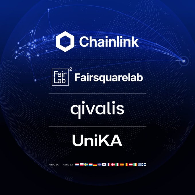 The image features a logo for Chainlink, which is a cryptocurrency exchange platform. The logo includes a hexagon with the words "chainlink" written inside of it. Below the chainlink logo, there are four different logos representing various companies related to international money transfers and banking services. These include FairSquaredLab, Qivlis, Unikka, and Project Pangea.