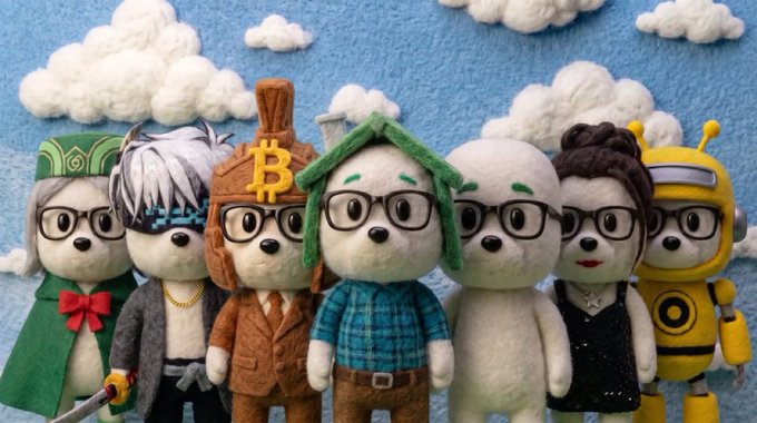 Seven plush dog figures stand in a row against a blue sky with cotton-ball clouds, each uniquely dressed—including one in a Bitcoin (₿) hat and another wearing glasses and a green hoodie. The lineup mirrors the post's "A million INUs, One PONGO," showcasing a diverse cast of canine characters with one standout figure representing PONGO alongside a pack of INU-inspired companions.