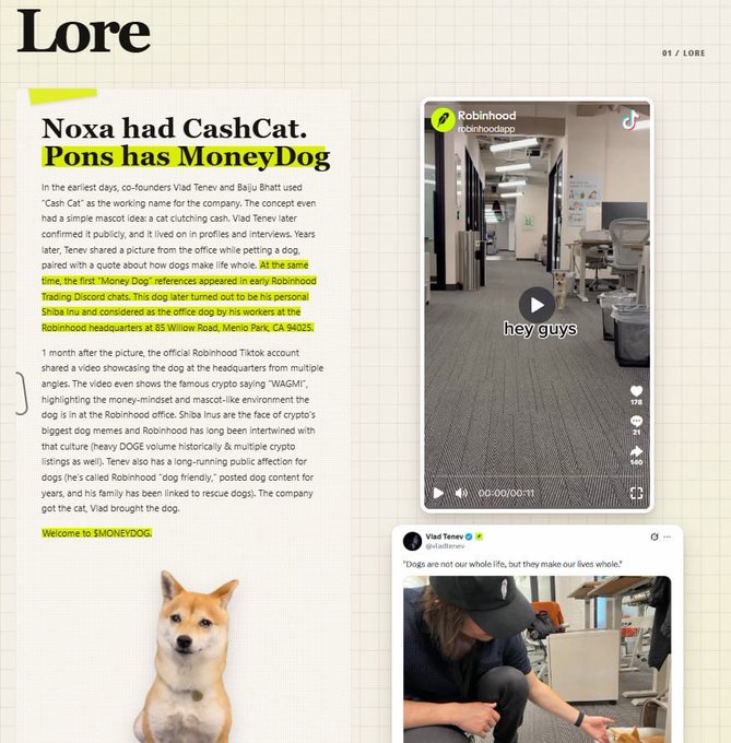 A Robinhood lore page titled "Noxa had CashCat. Pons has MoneyDog" detailing the origin of the company's Shiba Inu mascot, with text explaining that Vlad Tenev introduced "Money Dog" to his workers at the Menlo Park headquarters, accompanied by TikTok screenshots of Robinhood employees showcasing the dog. The post promotes the $MONEYDOG token as a CashCat rival, with fees routed to holders at contract address 0x8d8f709357203b4933af3ac410cc521c5680611f.