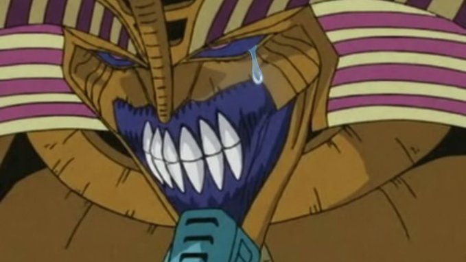 A close-up anime frame shows the villain Exodia from Yu-Gi-Oh! with a menacing grin, sharp teeth, and a single sweat drop on its face.