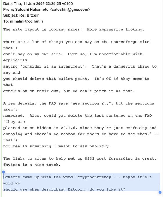 The image shows an email with text written in black ink, which appears to be a letter or a message from someone named Satooshin Nakamura. The content of the email seems to be about Bitcoin, as it mentions that someone has come up with the word "bitcoin" and is asking if the person who invented it should receive a medal.