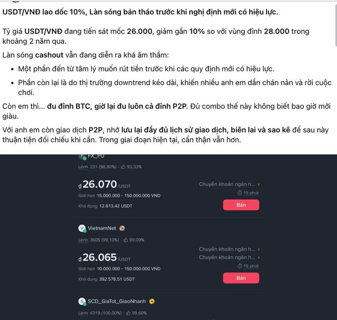 A Vietnamese news article discusses the USDT/VND exchange rate dropping nearly 10%, mentioning concerns over new regulations, cryptocurrency market downturns, and P2P trading platforms like FX_PU and VietnamNet with rates around 26,065-26,070 USDT.