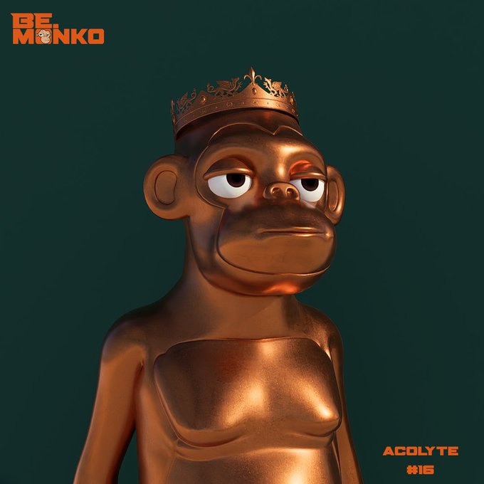 A 3D-rendered bronze monkey character wearing a gold crown against a dark green background, branded with "BE MONKO" in the corner and labeled "ACOLYTE #16".