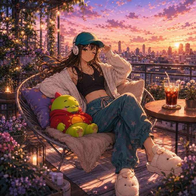An anime-style illustration of a girl wearing a teal cap, headphones, and a cardigan, sitting on a rooftop balcony with a city sunset view while cuddling a green plush cat toy.