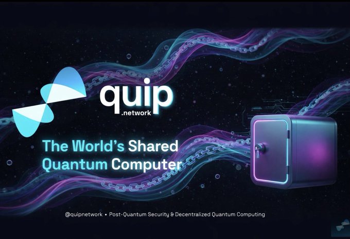 The image features a purple square box placed against a black background, which has the words "quip" written above it. Below this, there are two blue lines that say "the world's shared Quantum Computer", indicating that Quip Network is developing a new type of computer system based on quantum computing principles. The image also includes a social media post with a caption about the crypto market and how Quip Network is adapting to these changes in the industry.

The main focus of the image is the purple square box, which serves as an advertisement for Quip Network's Quantum Computer project. The use of colors and the inclusion of text help draw attention to the message being conveyed by the image.