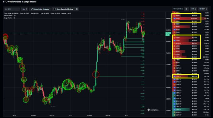 A BTC trading chart titled 'Whale Orders & Large Trades' from Coinglass, showing candlestick price action overlaid with green and red circles denoting large transactions, alongside whale order and trade data panels.