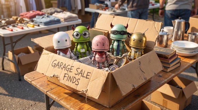 A worn cardboard box labeled "GARAGE SALE FINDS" sits on a wooden table at an outdoor sale, containing four small robot figurines with colorful designs alongside plates, books, and a coffee pot. The image visually plays on the "garage sale finds" theme to promote a flash sale offering leftover Thrill NFTs from a whitelist allocation at $75 each, limited to 2 per holder before they return to public sale.