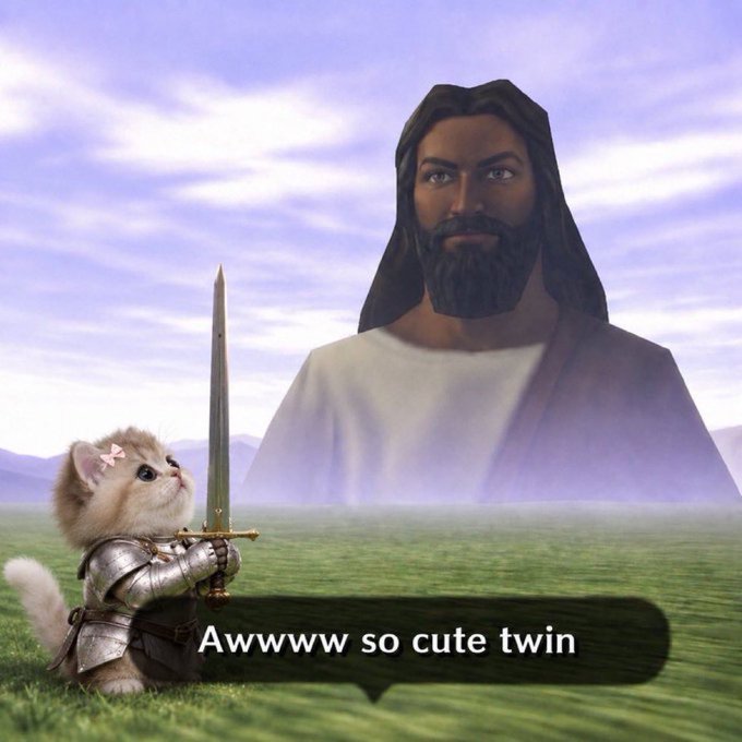 A video game screenshot showing a small kitten in knight's armor holding a sword, with dialogue text reading 'Awwww so cute twin' while looking up at a giant image of Jesus.