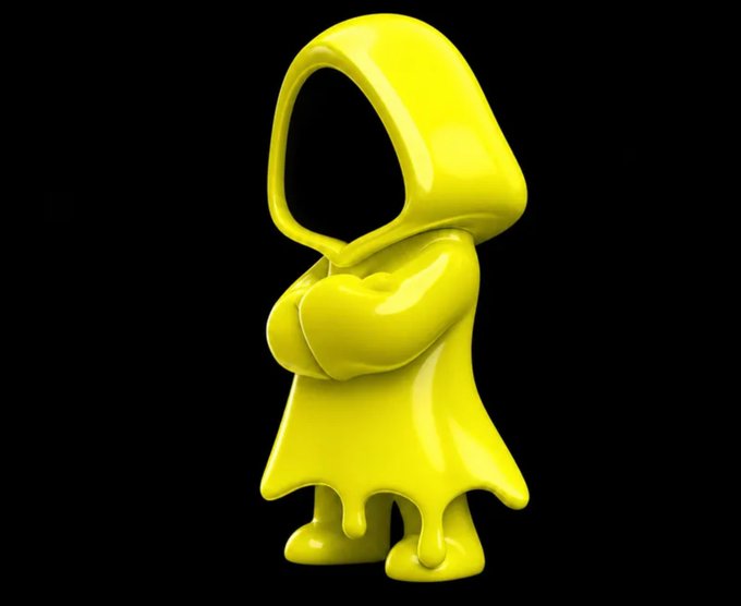 A 3D rendering of a glossy, yellow character wearing a hooded cloak with its arms crossed, featuring a stylized, featureless face against a black background.