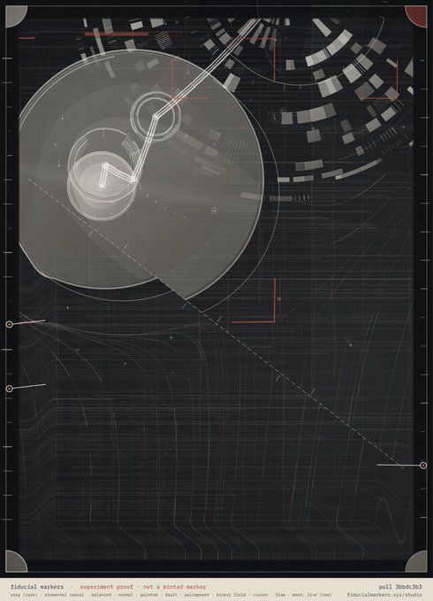 A minimalist digital artwork titled 'fiducial markers - experiment proof - not a wasted marker' shows a 3D rendered martini glass with a skewer on a dark background featuring contour lines and grid patterns.