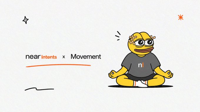 The image features a cartoon frog sitting cross-legged with its arms folded, wearing a black shirt that says "NEAR INTENTS" at the top. The background of the image is white, and there are orange lines running down the center of the photo. The text in the image reads "NEAR INTENTS x Movement", which suggests that the image is related to the integration of Near Intent technology into a movement or exercise routine.