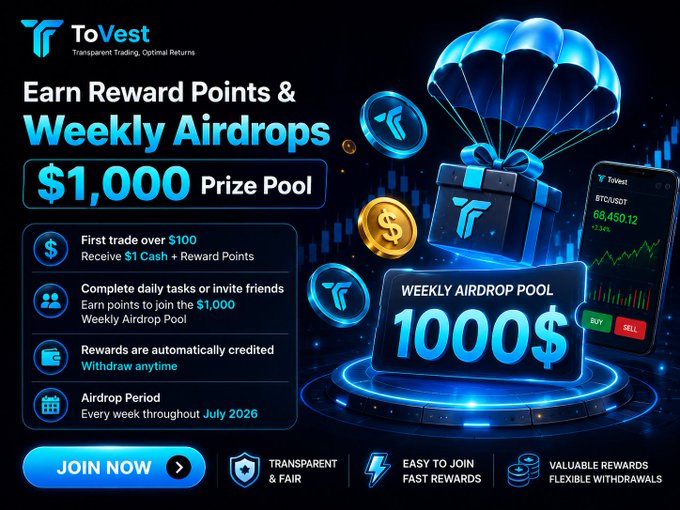 This image advertises ToVest's new Reward Hub, featuring a "WEEKLY AIRDROP POOL" of "1000$". The post explains that users can earn rewards by completing tasks or trading, with the prize pool distributed weekly through July 2026.