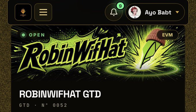 A digital card interface for "ROBINWIFHAT GTD" (N° 0052) featuring bold green graffiti-style text, with the username "Ayo Babt" and 9 notifications visible at the top.
