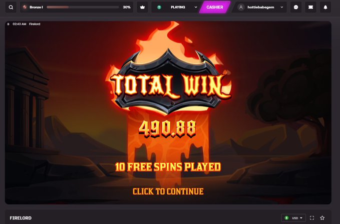 The image shows a slot game "TOTAL WIN" screen from a game called "FIRELORD," displaying a win amount of 490.88 after 10 free spins played on what appears to be a gambling website (hottiekabogem). The screenshot, captured at 2:23 AM during a gaming session, appears unrelated to the accompanying post about positioning on an $EPIK Airdrop through various holder qualifications.
