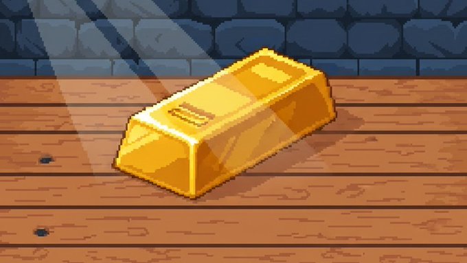 A pixel art gold bar glints on a wooden surface against a stone wall background, with light rays shining down to highlight its shine, symbolizing the digital $GOLD tokens being earned through active mining. The bar represents the tangible reward users receive from their virtual mining rigs on the platform.